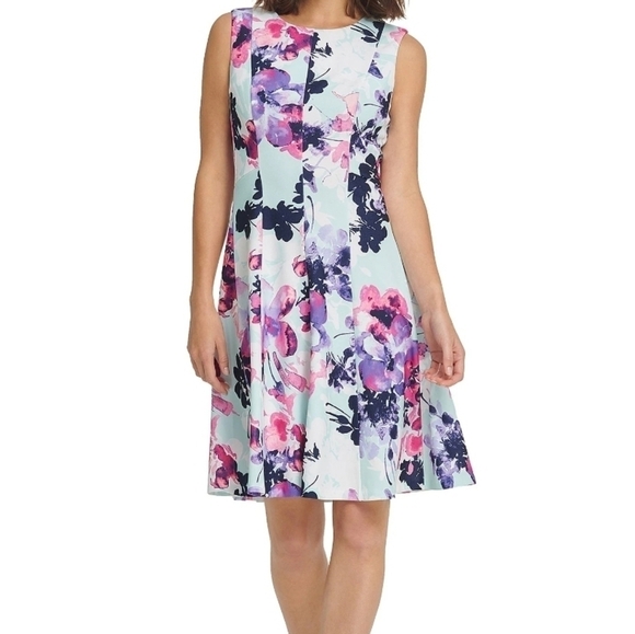 DKNY Floral fit and flare Sleeveless Dress Light Blue 8 - Picture 7 of 7